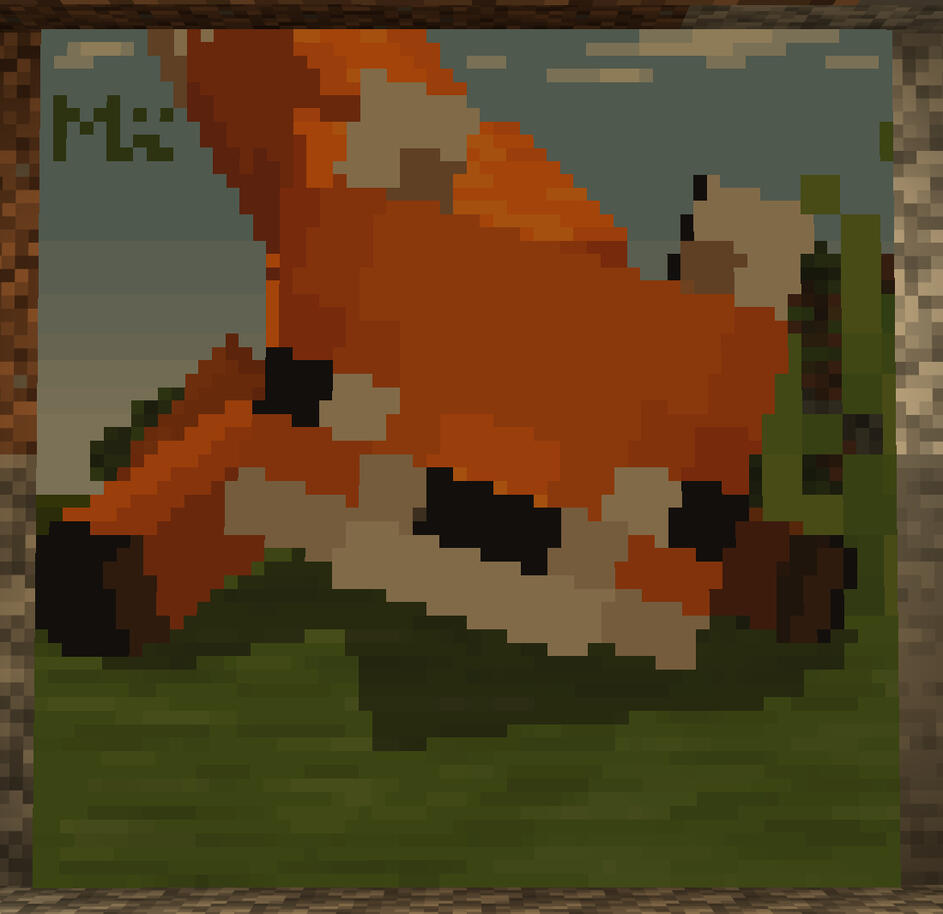 10 Oct 2026 Fox, Minecraft Joy of Painting (did a render in blockbench, downscaled to 64x64 in ibis Paint, painted by hand in Minecraft)